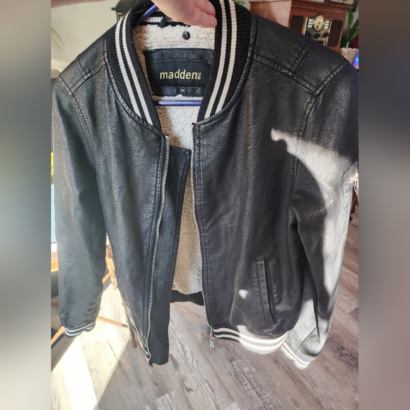 Madden NYC Faux Black Leather Bomber Jacket - Picture 11 of 11